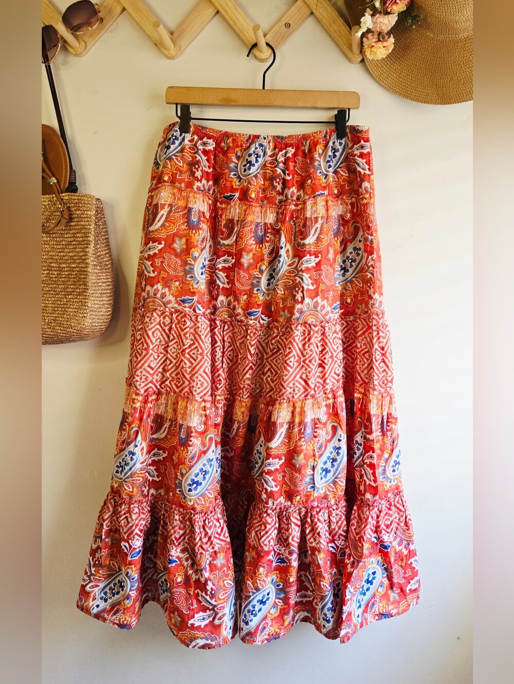 Style & Co. Red Paisley Tiered Maxi Skirt with Blue & Cream Accents
